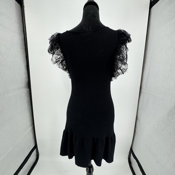 Candies Black Ribbed Fitted Dress Tulle Puff Sleeves Ruffle Hem S Whimsigoth Vtg - Picture 5 of 6